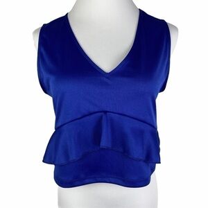 Rio of Stars Cropped V-Neck Ruffle‎ Blouse Women's Large Blue Sleeveless